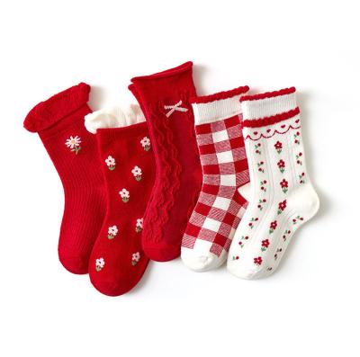 China 5pcs/set Fashion Girl Kids Breathable Christmas Sock Flower Print Kids Autumn Winter Sock for sale