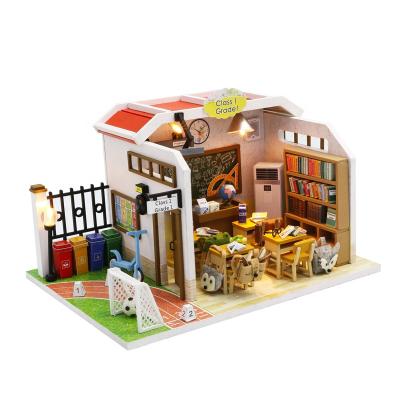 China With Light Wholesale DIY Mini Classroom Wooden Dollhouse Toys With Light For Children for sale