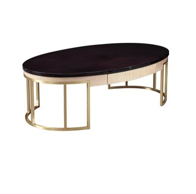 China Luxury Adjustable Metal Leg Golden Solid Wood Top Oval Coffee Table for sale