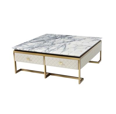 China Top (Height) Adjustable Leg Luxury Marble Stainless Steel Gold Square Coffee Table With Drawers for sale