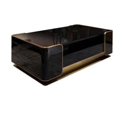 China (Height) adjustable luxury high glossy solid wood black coffee table with gold decoration for sale