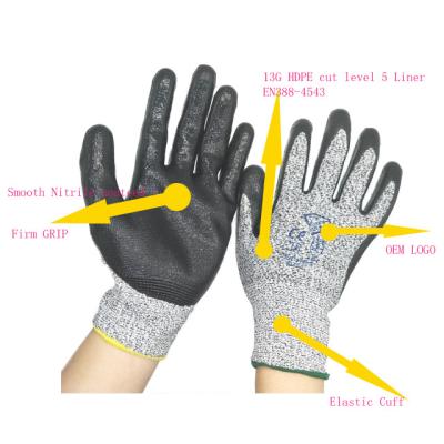 China Industrial Hot Selling Darlingwell Cut Resistant Level 5 Safety Gloves EN388 4544 Smooth Constructon / Nitrile /oil And Gas Anti Cut Coated Gloves for sale