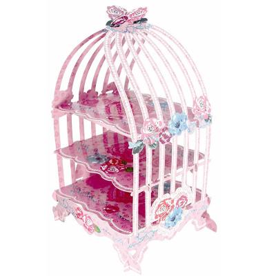 China Wholesale Price 3 Tier Food Grade Disposable Tea Party Foldable Bird Cage Paper Cake Stand Holder for sale