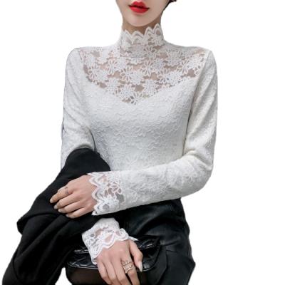 China Anti-pilling 2021 new lace bottom blouse for women with a high neck and long sleeves for sale