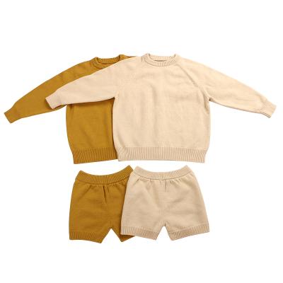 China RTS Casual Kids Long Slouchy Top Girl Shorts Solid Color Crochet Sweater Design Sweater 2 Pcs Oversized Kids Set for sale