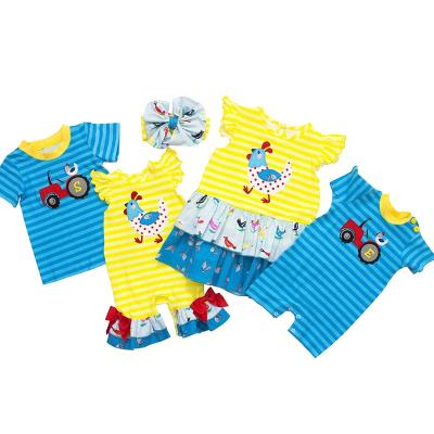 China Wholesales Spandex/Polyester Kids Baby Clothing Farm Animal Applique Clothes Sets Brother And Sister Matching Clothes for sale