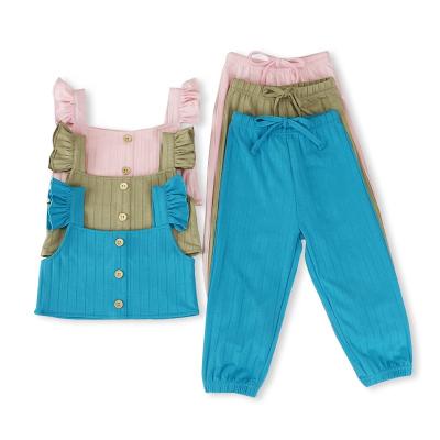 China Casual Fashion Wide Rib Fly Sleeve Short Tops Kids Girl Sports Clothes Sets With Long Pants for sale