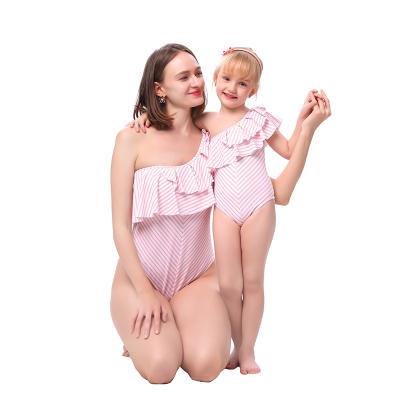 China One piece plus size double 2021 summer design stripes ruffled off the shoulder children's clothing baby swimwear for sale