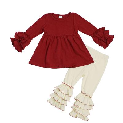 China Boutique Casual Kids Outfits Two Piece Set Wholesale Solid Color Tops With Ruffles Girls Outfits for sale