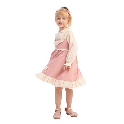 China Fashion Baby Long Sleeves Breathable High Quality Color Matching Kids Clothing Lace Popular Pink Dress for sale