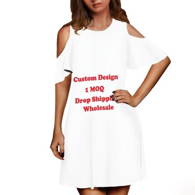 China Breathable Dropshipping Clothes Off Shoulder Dress Casual Loose Crew Neck Mini Dress Print On Demand Custom MOQ=1 Elegant Swing Dresses for sale