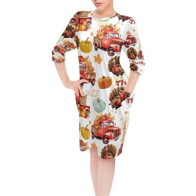 China Breathable Thanksgiving Hot Selling Lady Pocket Sleep Dress Custom Maple Print Skin-Friendly Breathable Women's Sleepwear Home Wear Skirts for sale