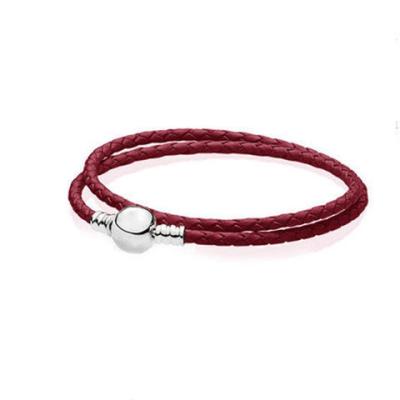 China S925 red powder punk from the pan the same sterling silver leather braided circle bracelet DIY single and double leather and black rope cow for sale