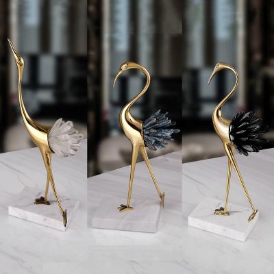 China Contemporary Light Luxury Accessories Natural White Blue Crystal Stone Copper Crane Furnishings Living Room Study Office Home Decor Gifts for sale