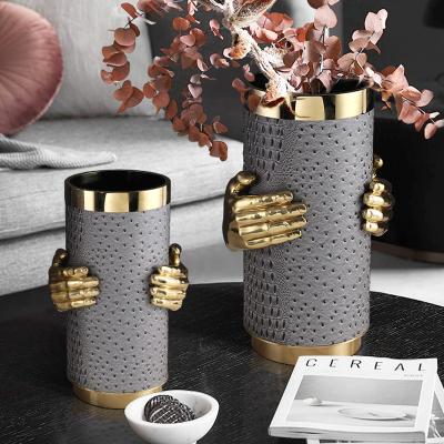 China European Style Eclectic Vase Tall Cylinder Brass Vases Ornaments Home Decorative Living Room Luxury Leather Flower Pots For Sale for sale