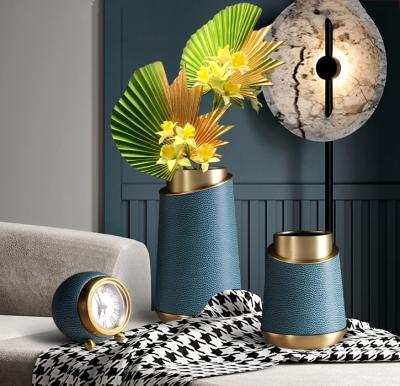 China Contemporary Modern Vases Light Gold Luxury Blue Clock Home Accessories Decorations Iron Cylinder Planter Pot Restaurant Table Flower Vase for sale