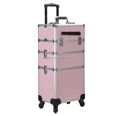 China Business Chen Gong Box 4 in 1 Blue Aluminum Rolling Wheel Makeup Trolley Travel Case Makeup Trolley Case for sale