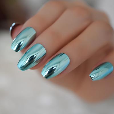 China Mirror Design Nail Mirror Design Fake Nail Tips Medium Flat Ballerina Outdoor Acrylic Light Blue Metallic Tip Fake Nail Tips for sale