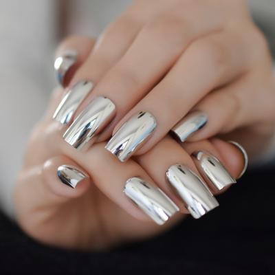 China Wholesale Design Sliver Full Cover Fake Nail Mirror Squoval Outdoor Metallic Artificial Nails for sale