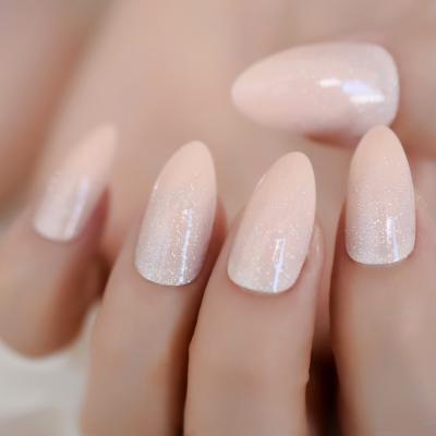 China Beautiful False Design Nude Color Acrylic Nail For Lady Stiletto Glitter Medium Press On Nails for sale