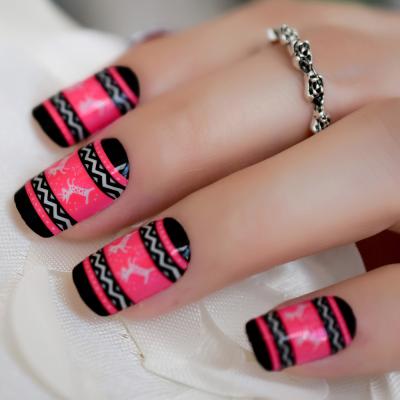 China Design Pink Par-designed French Nail Art Fake Squoval Medium False Nails Christmas Gift With Elks Acrylic Pattern for sale