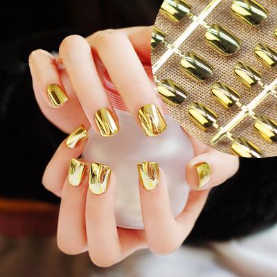 China Design Hot Sale Gold Acrylic False Nail Tip For Squoval Daily Wear Medium Metallic Artificial Nail for sale