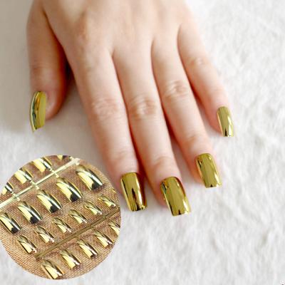 China Design Full Cover Acrylic Press On Nail Gold Metallic Outdoor High Quality Long Square Fake Nails for sale