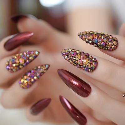 China High quality design shiny acrylic false nail salon with luxury rhinestones extra long stiletto fake nail for sale