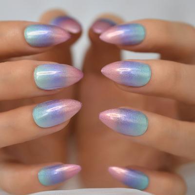 China Almond Ombre Gradient Design Chrome Fake Nail Holographic Shiny French Rainbow False Nail UV Finger Tip Stiletto for Women Girl for sale