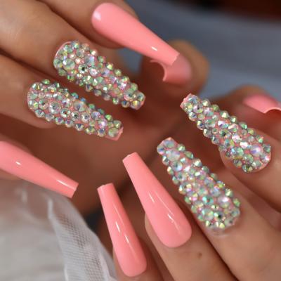 China Luxury Design Press On Nail Mix Color With Rhinestones Decoration Extra Long Coffin Artificial Nails for sale