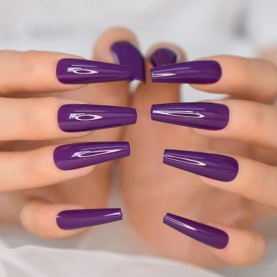 China Long Purple Coffin Design False Nail Pre Design Flat Top Ballet Tip Super Dark Wearable Finish Nail Tips Nails Girl Women Decor for sale