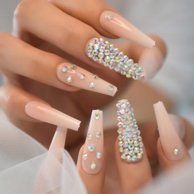 China 3D Nails Coffin Peach Ombre Design Reusable Wear Handemade Deco Long Fake Nail Stunning Luxury Shiny Nude French Fake Nail Ballet for sale