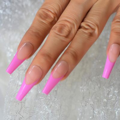 China Stunning Dark Pink French Ballet Design Long Fake Nails Shiny Artificial Coffin Press On Nails Ballerina False Nail Tips Reusable for sale