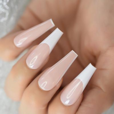 China Stunning Pink Ballerina Design Fake Nails Coffin Shiny Nude White French Long Press On Reusable Ballet Fake Women Girl Wear Finger Nails for sale