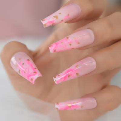 China Shiny Pink Design Ombre French Press On Paint Stunning Coffin Nails Ballerina Gold Foil Wash Reusable UV Long Fingernails for sale