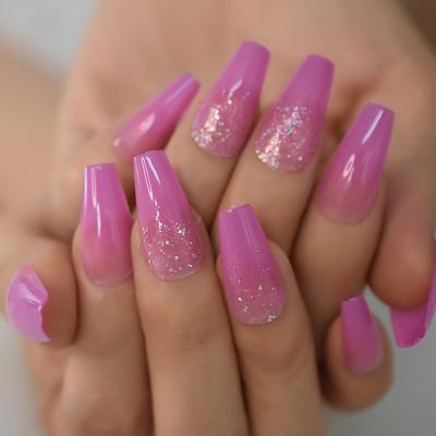 China Pink Holo Design Glitter Press On Nails Coffin Length Medium Long Faux Ballerina Fake Nails For Women Girls Salon Acrylic Nails Kit for sale