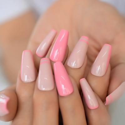 China Design Shiny Pink Ballerina Nude Coffin French Press On Acrylic False Nail Ballet Reusable Use Fake Nails Tips For Women Girl for sale