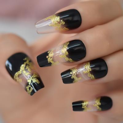 China Ombre Shiny Black Glitter Design Clear Gold Ballerina Coffin French Press On Nail Gradient Ballet Fake Fake Nails Tips For Women Girl for sale