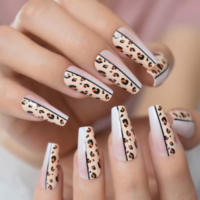 China Ombre Shiny Pink Pattern Design Nude Leopard Ballerina Coffin White French Press On Nail Natural Faux Gradient Ballet Coffin Nails Tips for sale