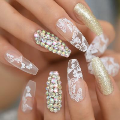 China Design beauty for girl for party faux nails long faux coffin stones sparkle ballerina press on nails for sale