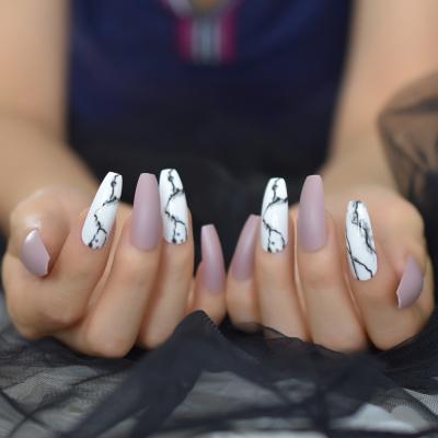 China Design 28 Pcs Beauty For Girl False Nails Full Cover Long Mix Style Matte Marble And Smooth Artificial Nails for sale