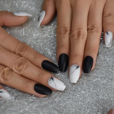 China Design Acrylic Nail Tips Medium Marble Black Matte Ballerina Artificial Fingernails Single Coffin Nail for sale