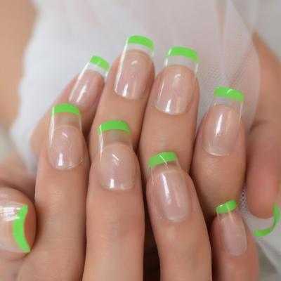 China Design Shiny Summer Green French Press On False Nails Adjust Flat Shape Gel UV Clear Medium Fingersnails Free Adhesive Tapes 24pcs for sale