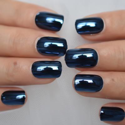 China Reflective Gray Metal Plating False Blue Design Mirror Nails Acrylic Metallic Nail Art Tips Navy Blue Square for sale