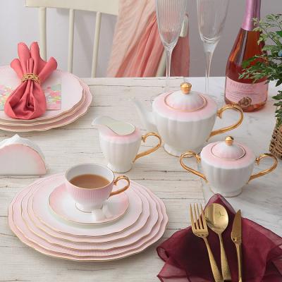 China Viable High Quality Ceramic Pink Color Fine Bone China Coffee Pot Set Tea Cups Teapot for sale