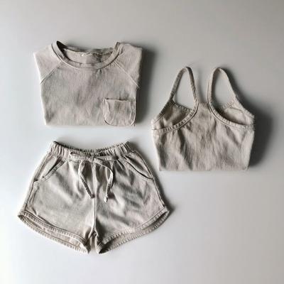 China Kid Casual Clothing 2021 New Summer Girls Solid Vest Shorts And 3Pcs T-shirt Outfit Set Girls Clothing Sets for sale