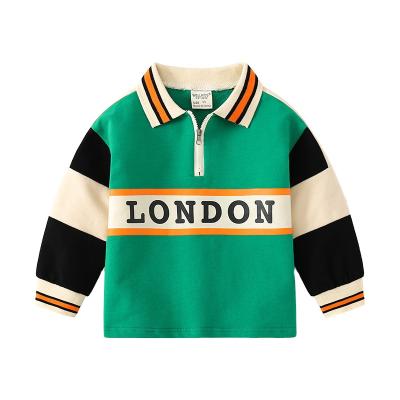 China Polyester/cotton 2021 autumn boys lapel sweater stitching round neck sweater green letter sweater for sale