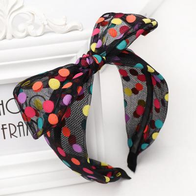 China Fashion Korean Women Fashion New Colorful Polka Dot Hair Accessories Mesh Rabbit Ear Bowknot Headband for sale