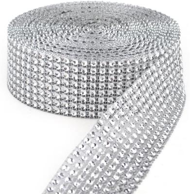 China Gift Wrap 8 Row 10 Yards Silver Loose Rhinestone Mesh Ribbon Bling Bling Wrap for Wedding Cakes Birthday Decorations for sale