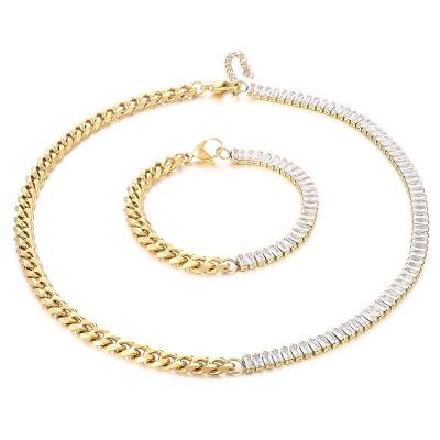 China Fashion Women Jewelry Stainless Steel Diamond Chain Cuban Link Necklace and Bracelet Set for sale